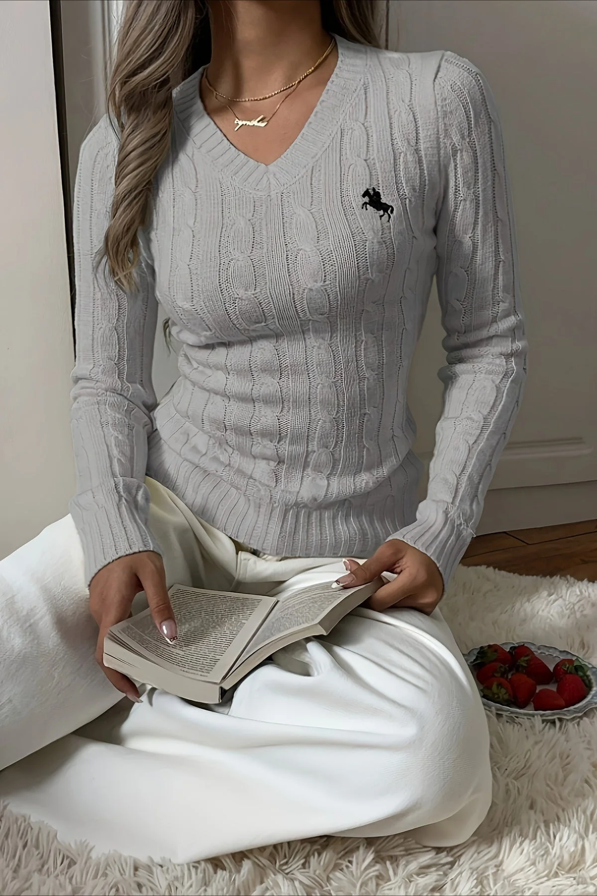 Embroidered V-Neck Sweater Knit Top - Image 6