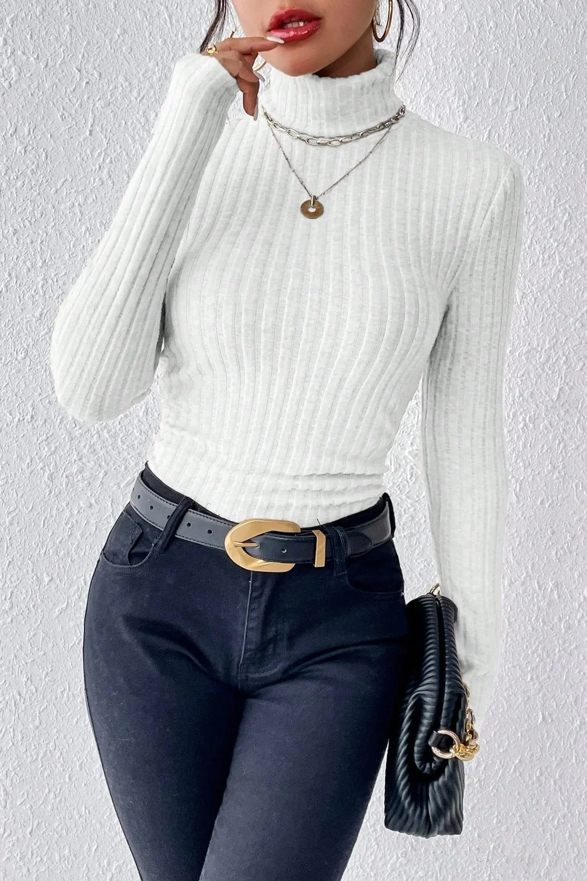 Fitted Long Sleeve Mock Neck Sweater - Image 3