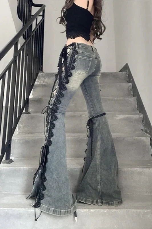 Flare Lace Bandage Denim Jeans - Image 7