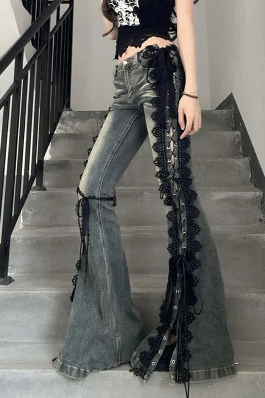 Flare Lace Bandage Denim Jeans - Image 8