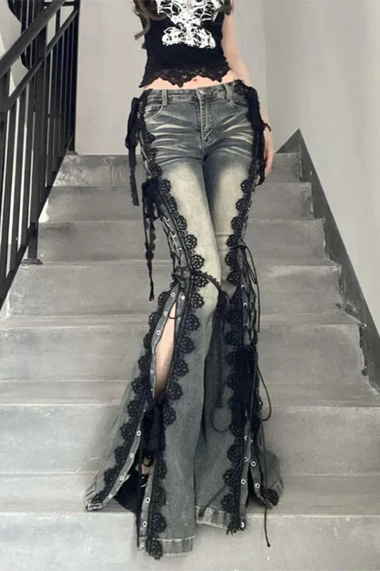 Flare Lace Bandage Denim Jeans - Image 9