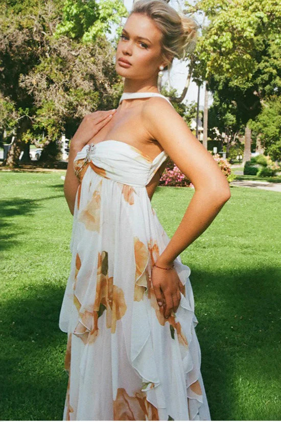 Floral Backless Halter Maxi Dress