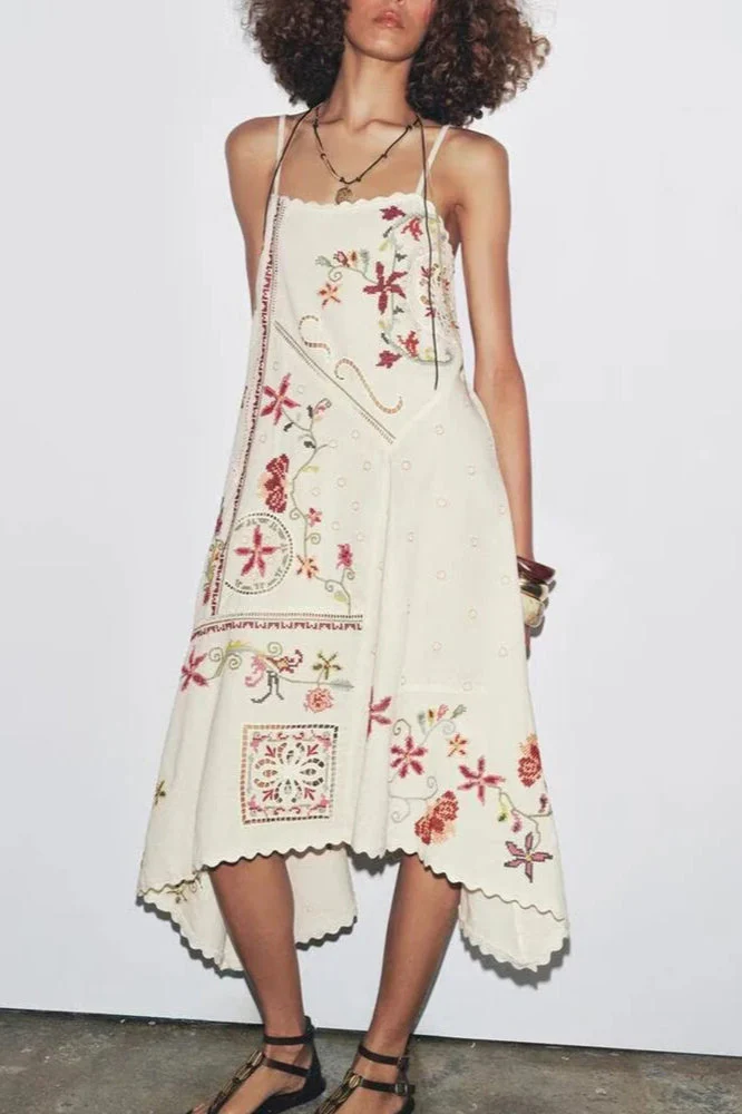 Floral Embroidered Asymmetric Boho Dress - Image 3