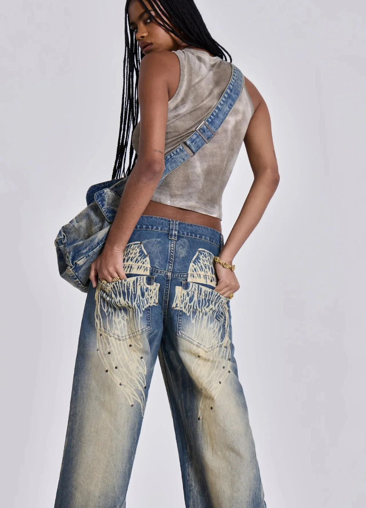 Gradient Wing Print Wide Leg Jeans - Image 20