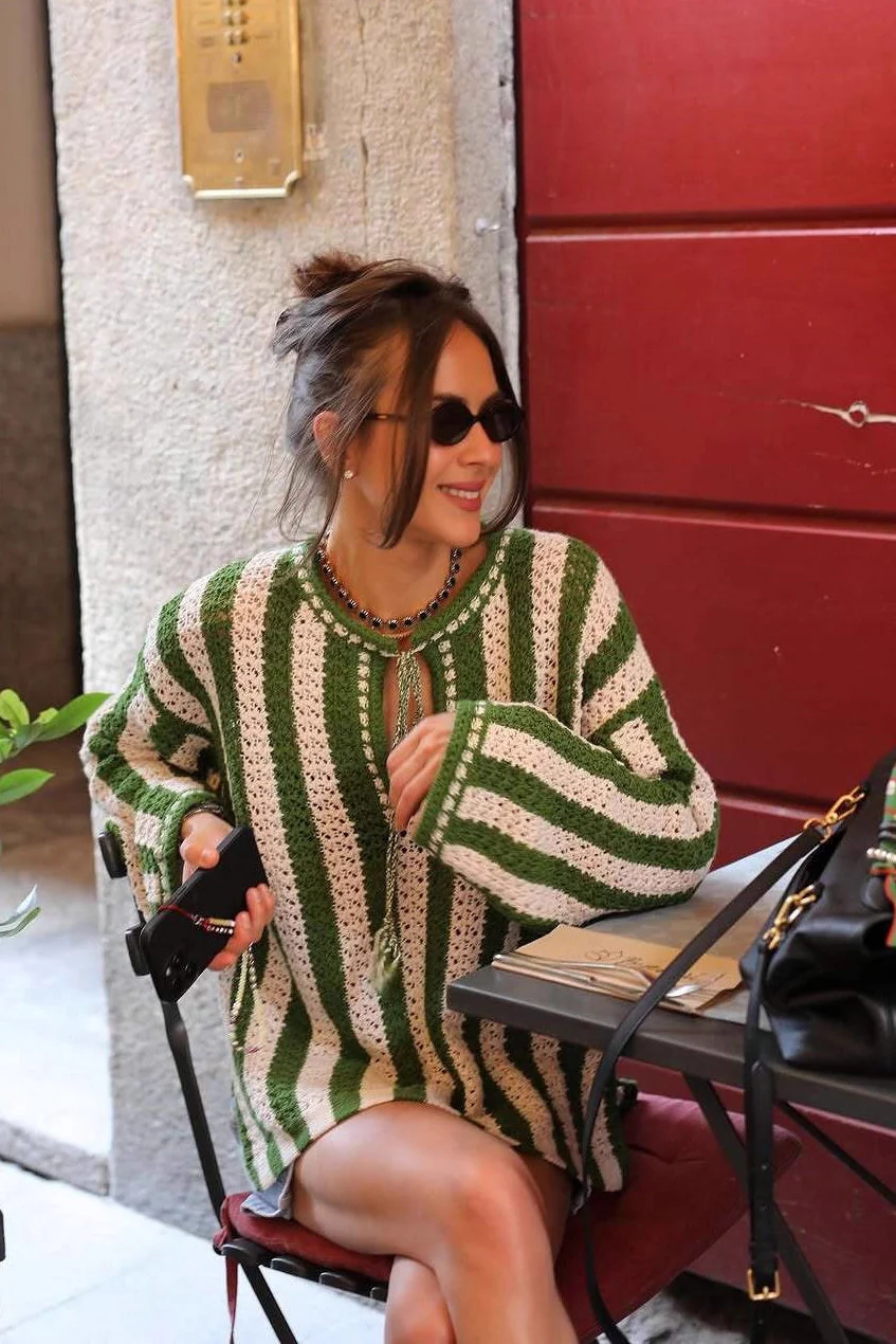Green White Striped Tie Front Sweater - Image 2
