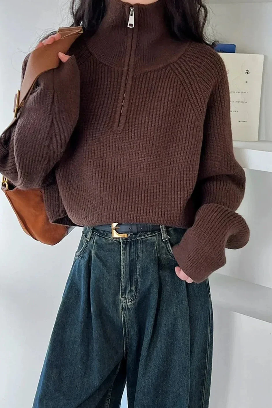 Half Zip Knit Turtleneck Sweater - Image 35