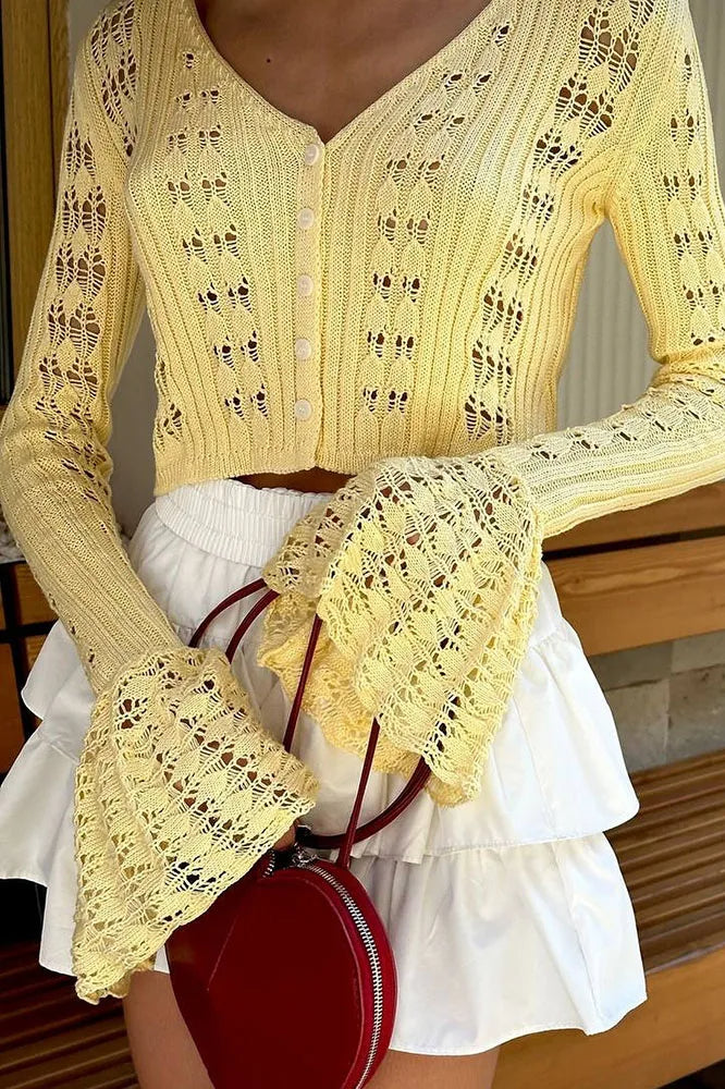 Hollow Out Knit V Neck Long Sleeve Cardigan - Image 10