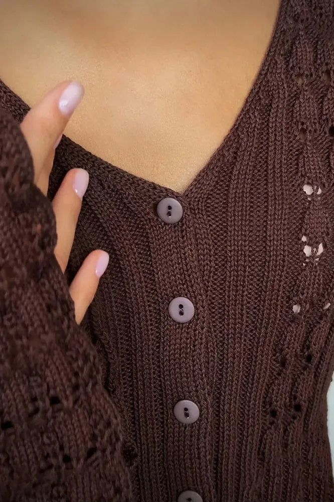 Hollow Out Knit V Neck Long Sleeve Cardigan - Image 17