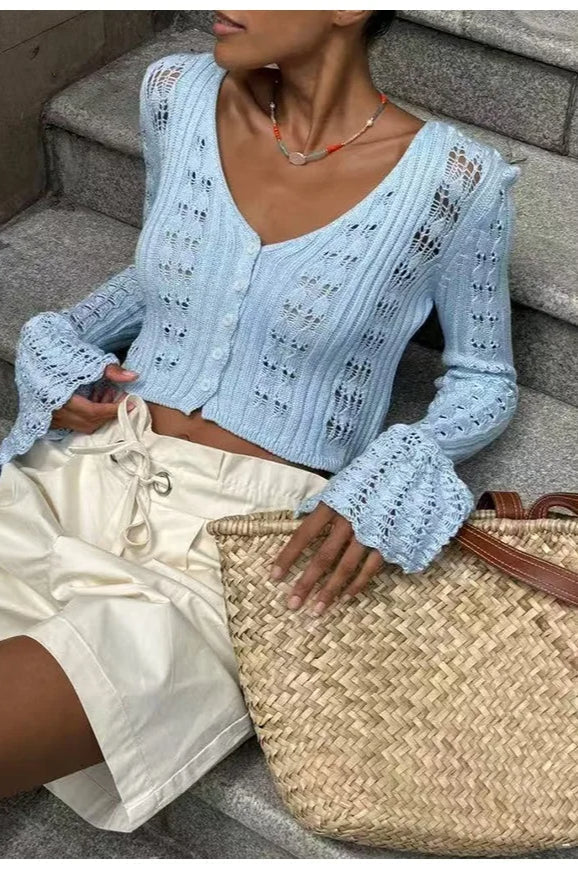 Hollow Out Knit V Neck Long Sleeve Cardigan - Image 21