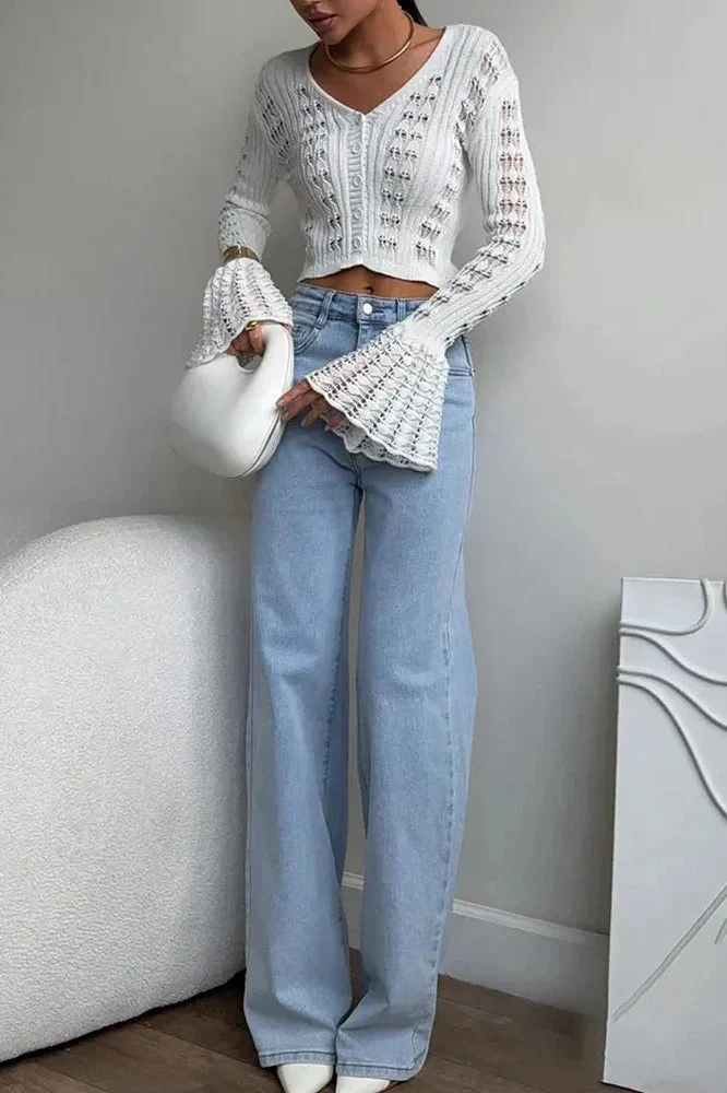 Hollow Out Knit V Neck Long Sleeve Cardigan - Image 27