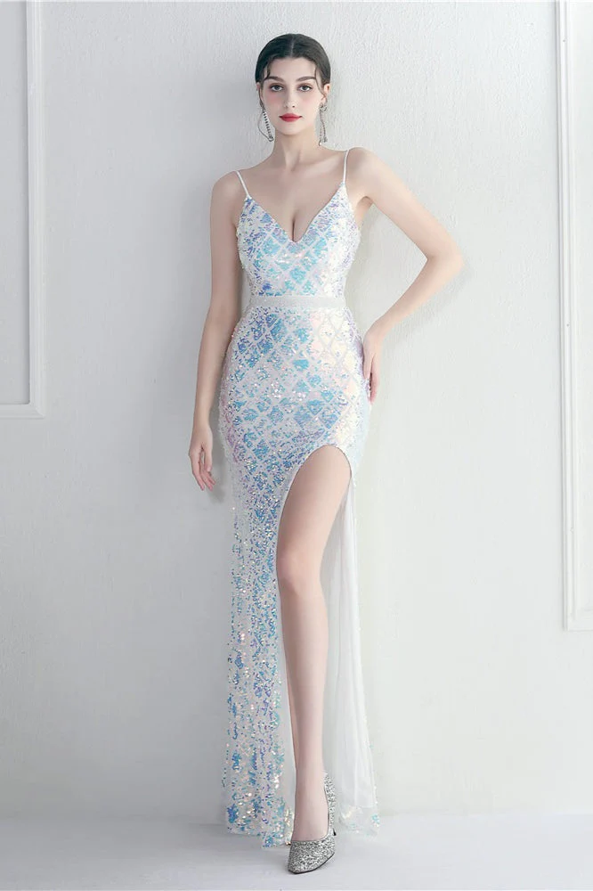 Iridescent Sequin Slit Bodycon Maxi Dress