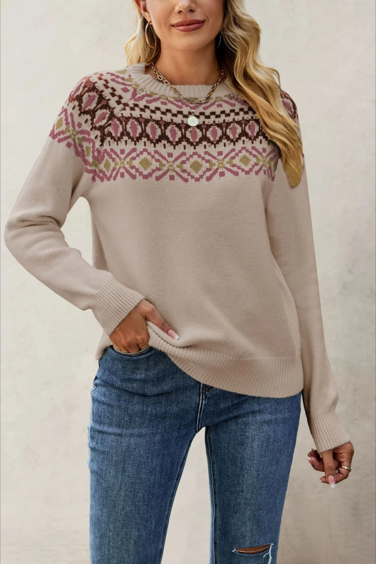 Jacquard Crew Neck Knit Pullover Sweater - Image 12