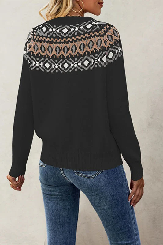 Jacquard Crew Neck Knit Pullover Sweater - Image 8