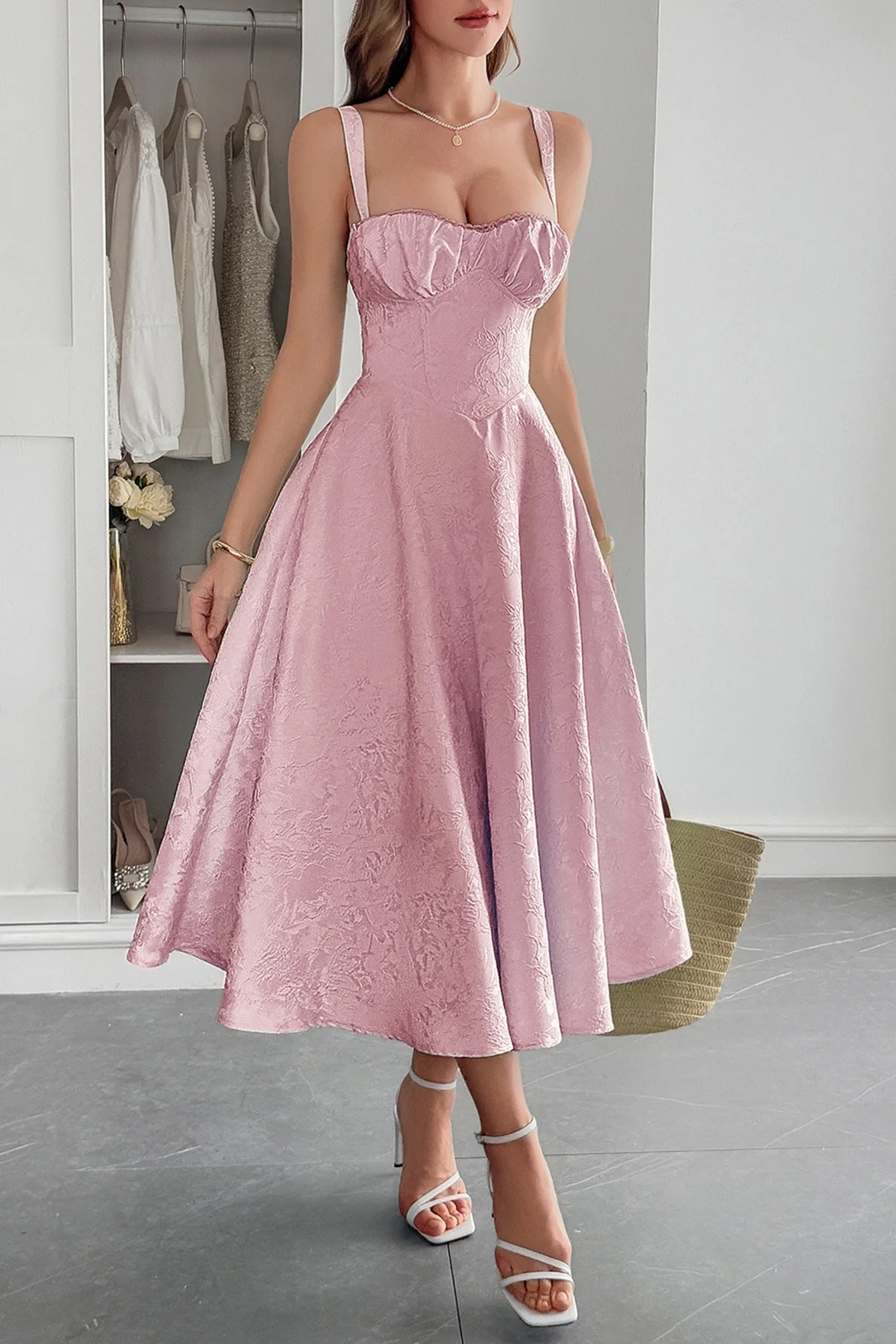 Jacquard Spaghetti Strap Cocktail Dress - Image 4