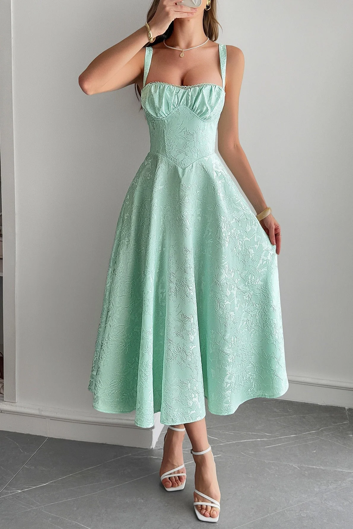 Jacquard Spaghetti Strap Cocktail Dress - Image 7