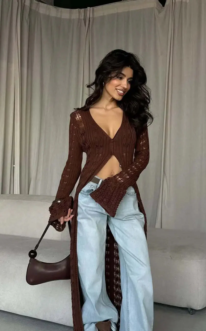 Knitted Flare Long Sleeve Beach Cardigan - Image 11