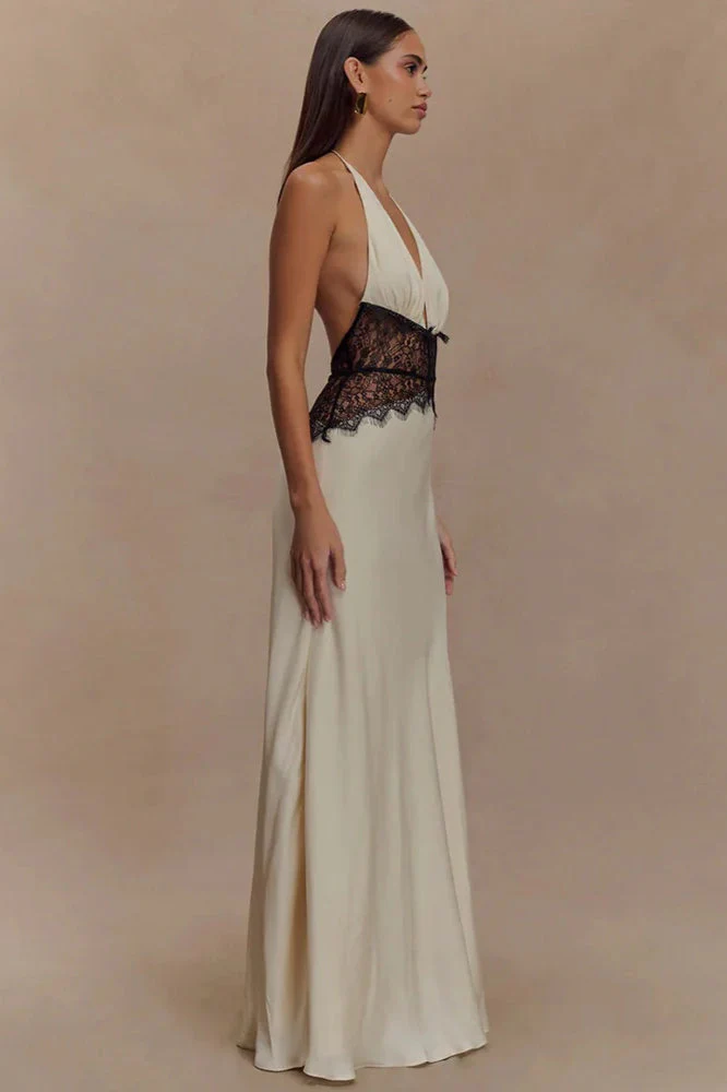 Lace Patchwork Backless Halter Boho Dress - Image 2