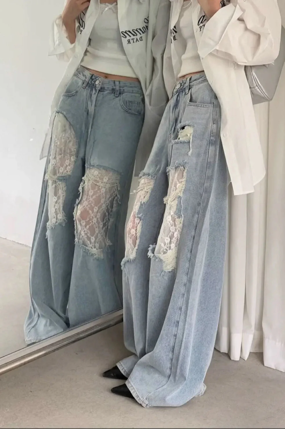 Lace Patchwork Ripped Loose Jeans - Image 18
