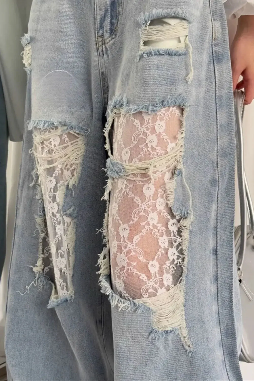Lace Patchwork Ripped Loose Jeans - Image 20