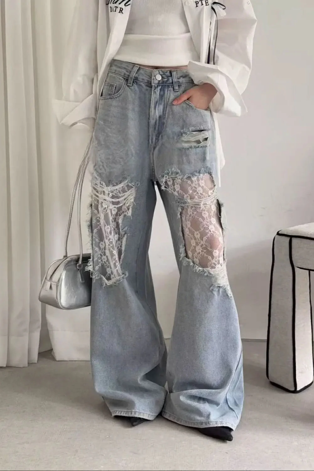 Lace Patchwork Ripped Loose Jeans - Image 22