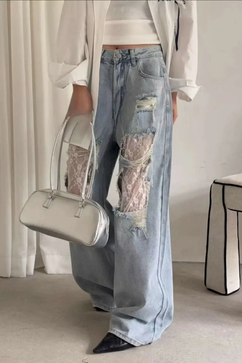 Lace Patchwork Ripped Loose Jeans - Image 4