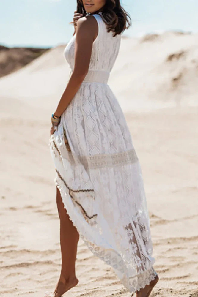 Lace V Neck Hollow Boho Dress - Image 12