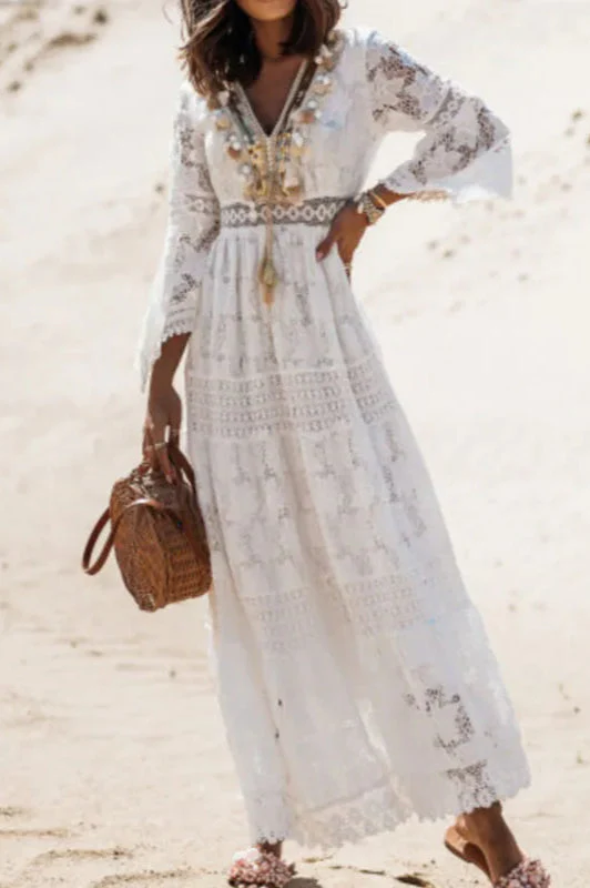 Lace V Neck Hollow Boho Dress - Image 21
