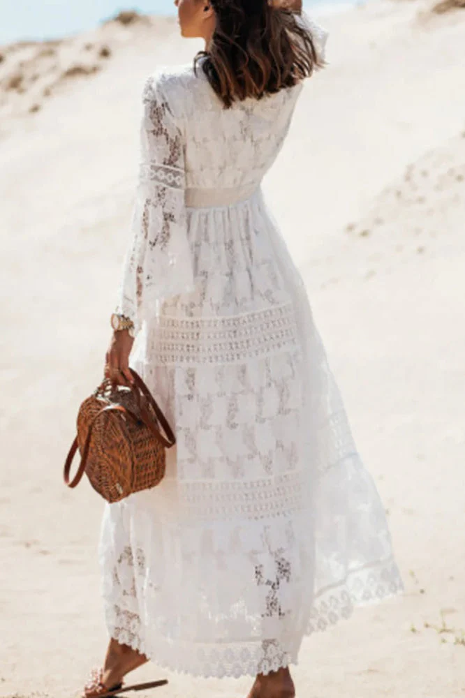 Lace V Neck Hollow Boho Dress - Image 9