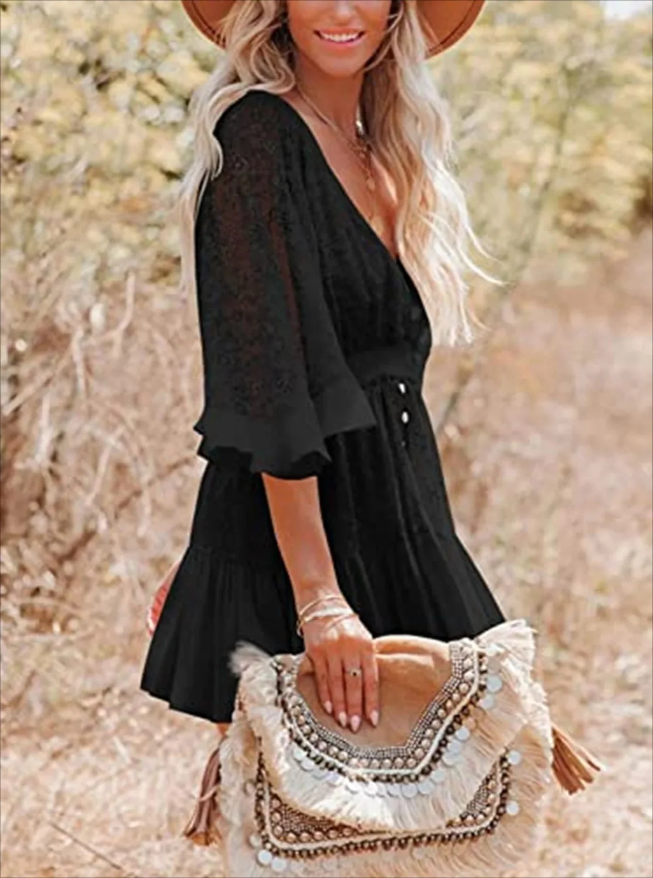Lace V-Neck Ruffle Mini Boho Dress - Image 8