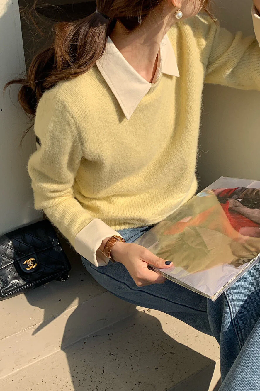 Layered Look Collared Knit Sweater - Image 14