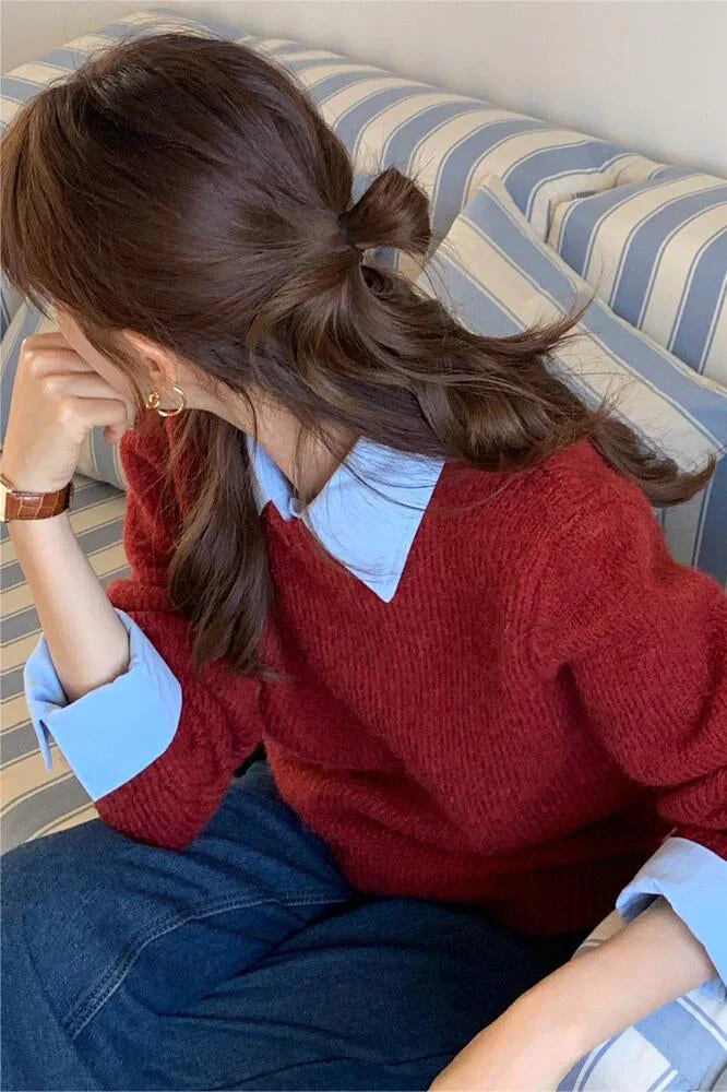 Layered Look Collared Knit Sweater - Image 5