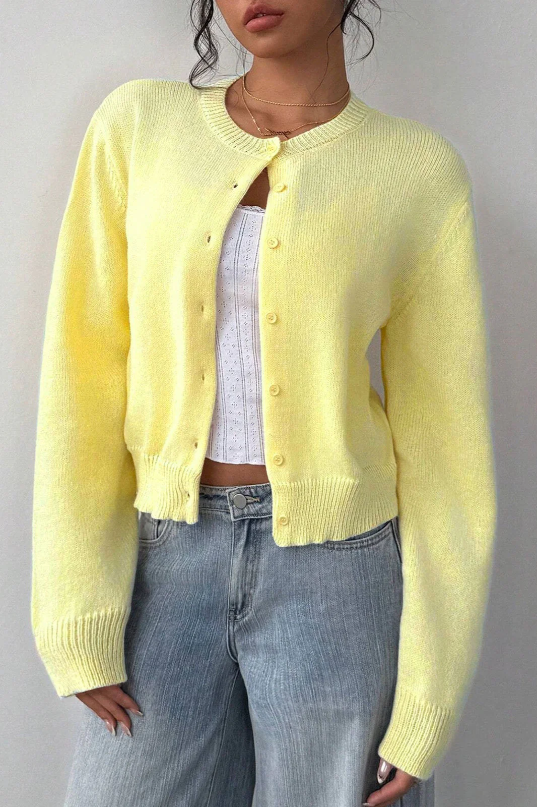 Lightweight Round Neck Button Cardigan