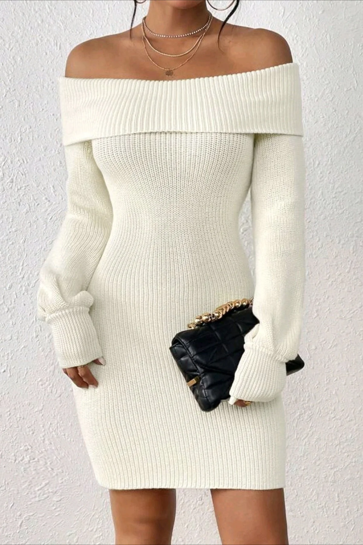 Long Sleeve Off Shoulder Slim Fit Knit Sweater Dress