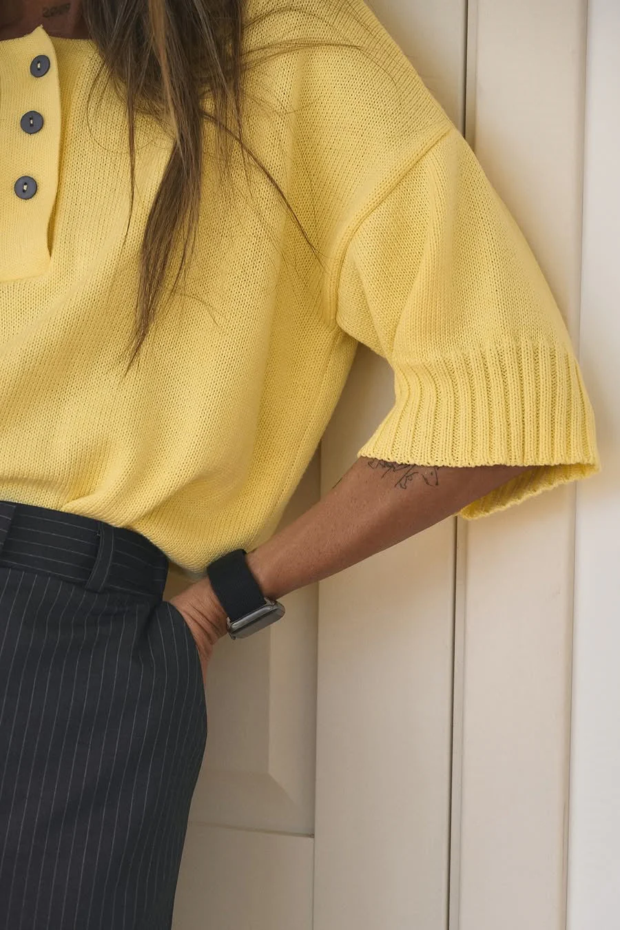 Loose Fit Buttoned Knit Polo Sweater - Image 8