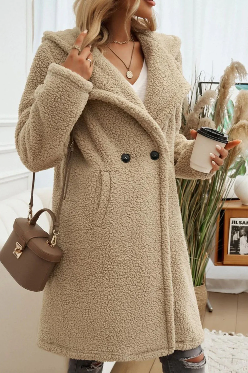 Mid-Length Fuzzy Lapel Coat - Image 3