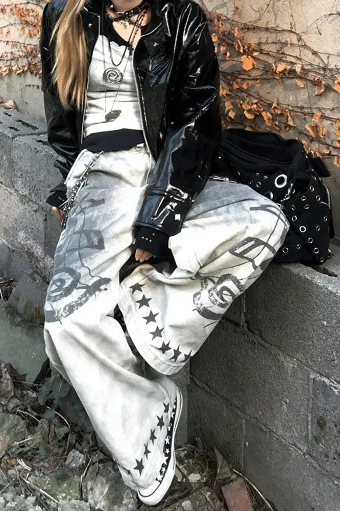 Music Note Print Vintage Jeans - Image 5