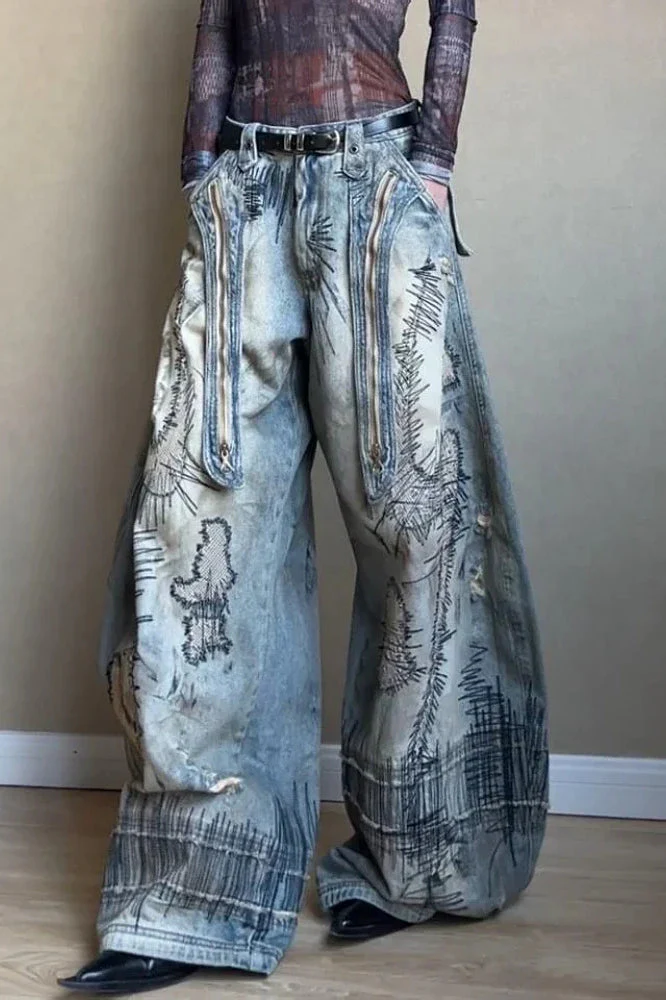 Needle Embroidered Wide Leg Jeans - Image 4