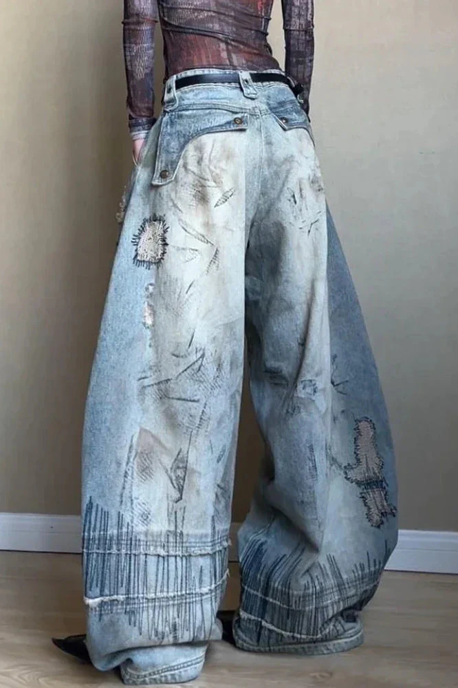 Needle Embroidered Wide Leg Jeans - Image 6