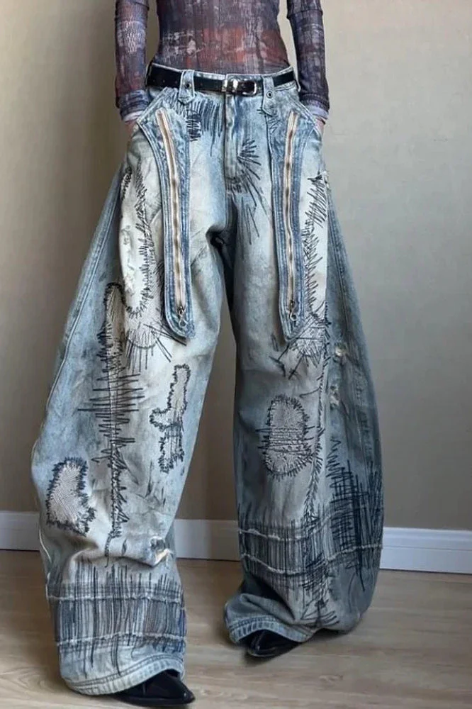 Needle Embroidered Wide Leg Jeans - Image 8
