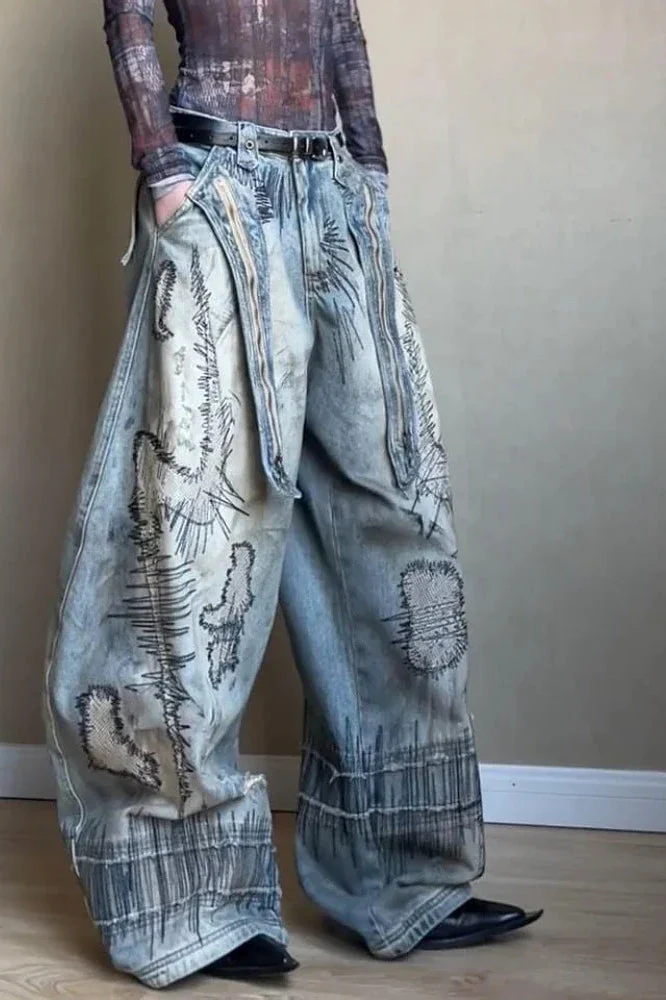 Needle Embroidered Wide Leg Jeans - Image 9