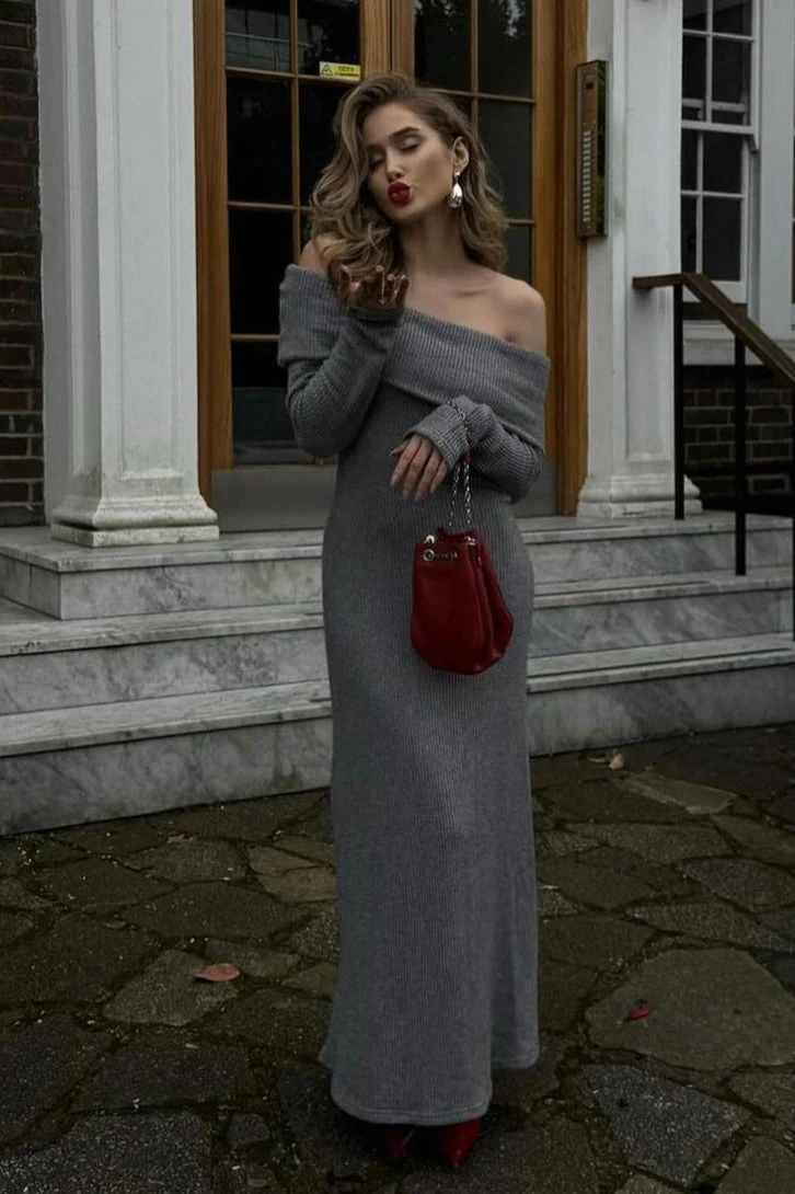 Off Shoulder Knit Sweater Dress - Image 3