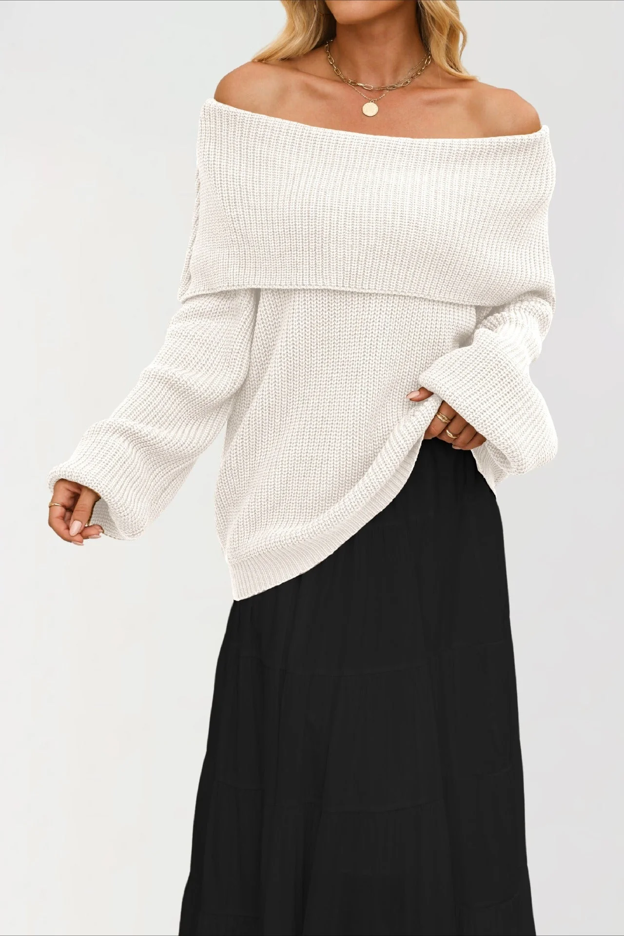 Off Shoulder Loose Knit Pullover Sweater - Image 27