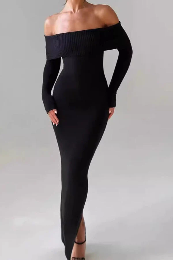 Off Shoulder Ribbed Sweater Dress