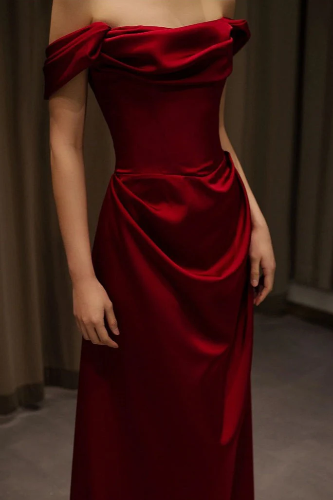 Off Shoulder Wine Red Satin Formal Dress - Image 2