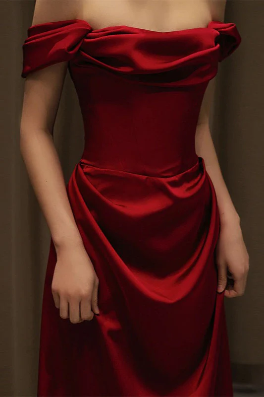 Off Shoulder Wine Red Satin Formal Dress - Image 3