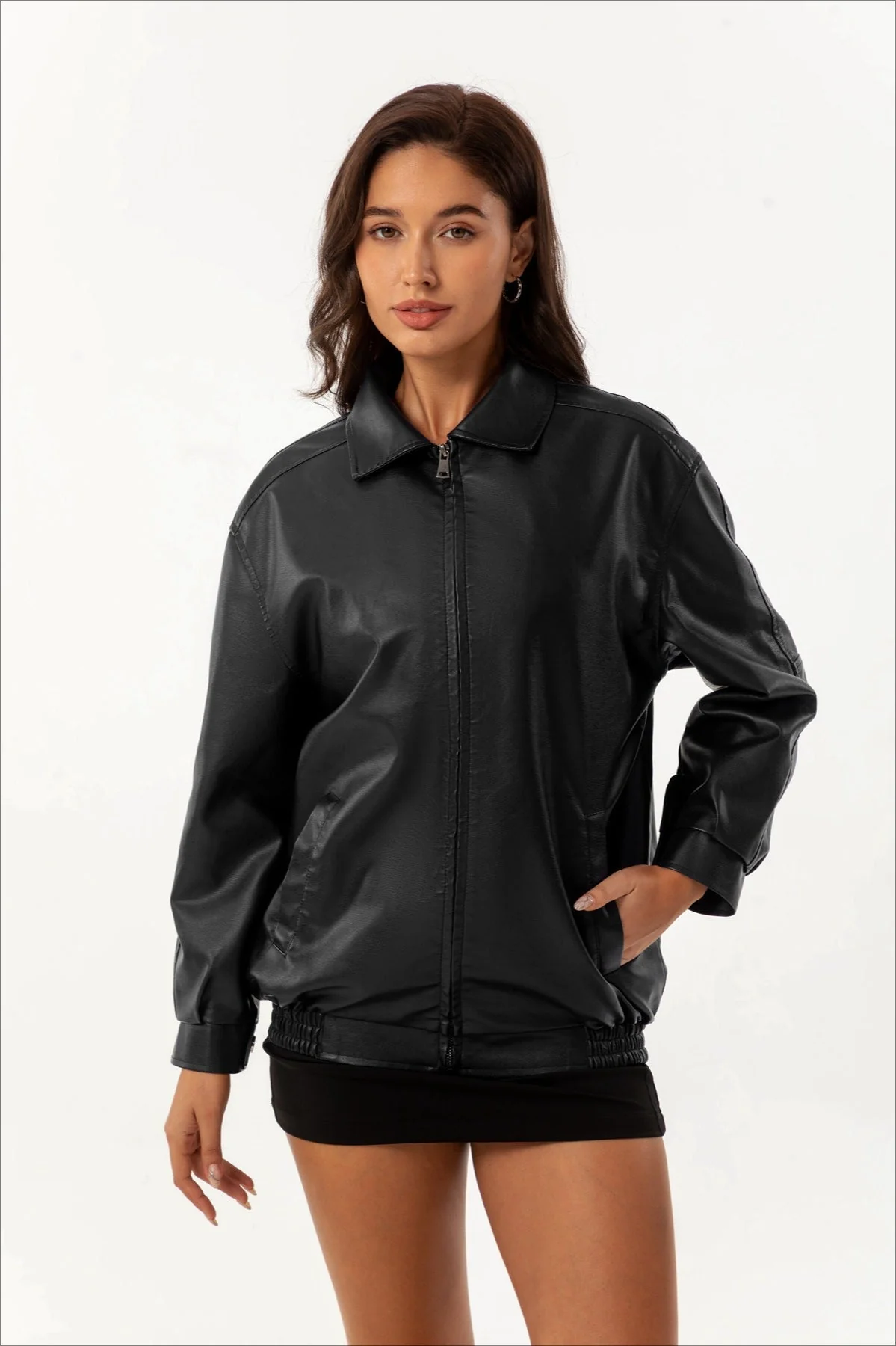 Oversized Lapel Leather Jacket - Image 6