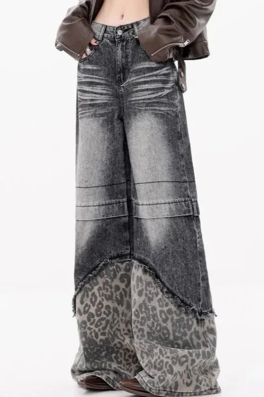 Patchwork Leopard Wide Leg Jeans - Image 15