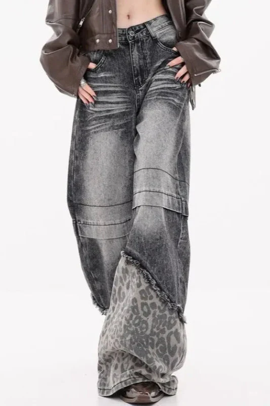 Patchwork Leopard Wide Leg Jeans - Image 2
