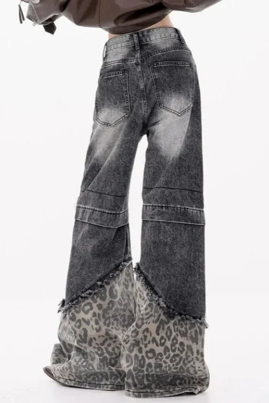 Patchwork Leopard Wide Leg Jeans - Image 5