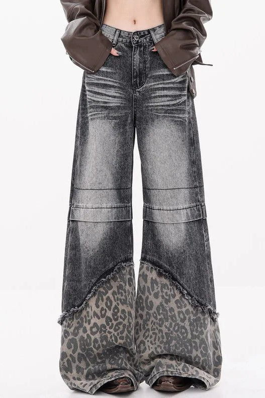 Patchwork Leopard Wide Leg Jeans - Image 7